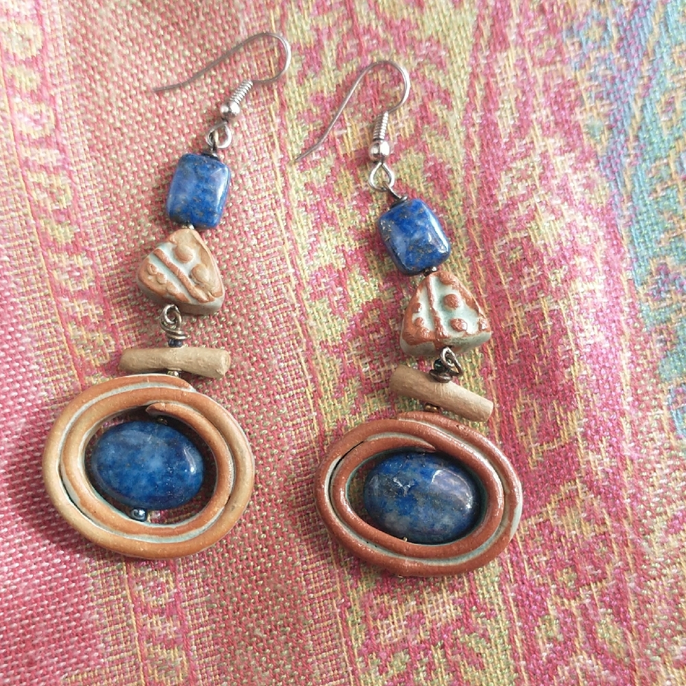Handmade Blue Stone and Brown Ceramic Drop Earrings